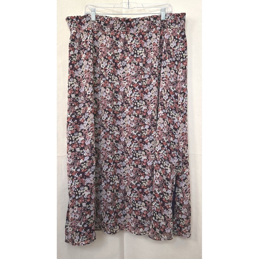 Womens Romantic Boho Ditsy Floral Smocked Waist Maxi Skirt Burgundy XL Side Slit